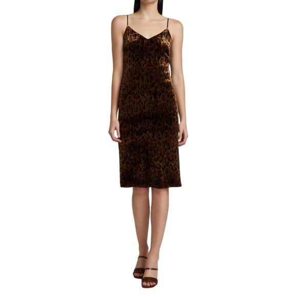 NEW L'AGENCE indie velvet cheetah-print slip dress in tan/black